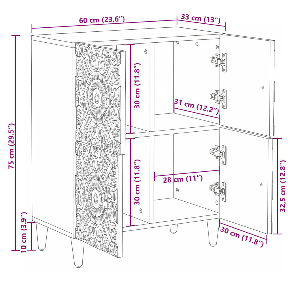 Sideboard mit Speicher Weiß 60 x 33,5 x 75 cm Massivholz Mango