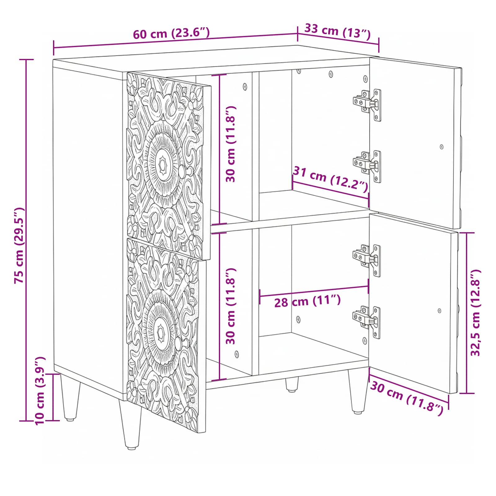 Sideboard mit Speicher Weiß 60 x 33,5 x 75 cm Massivholz Mango