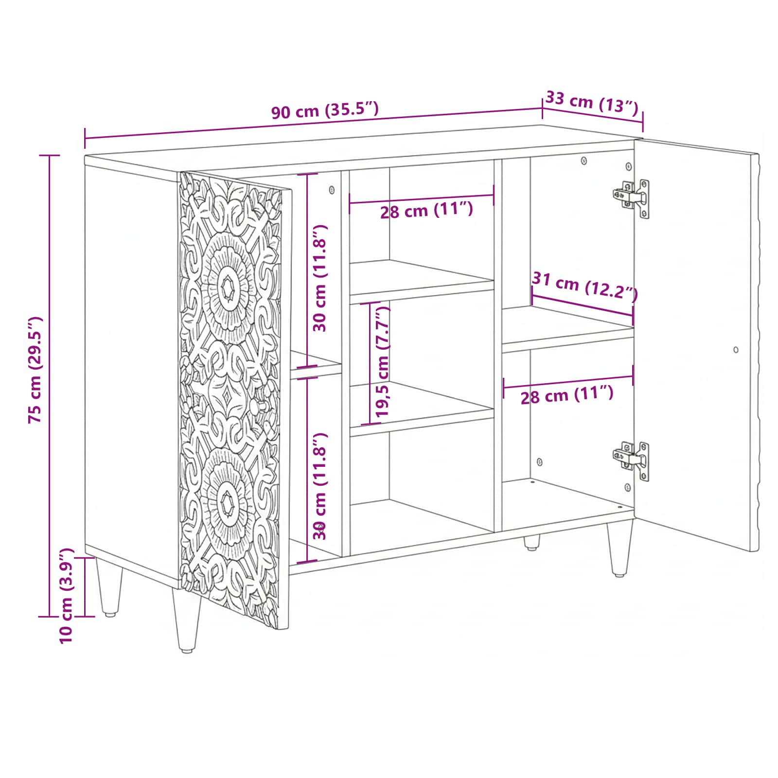 Sideboard mit Regal Weiß 90 x 33,5 x 75 cm Massivholz Mango