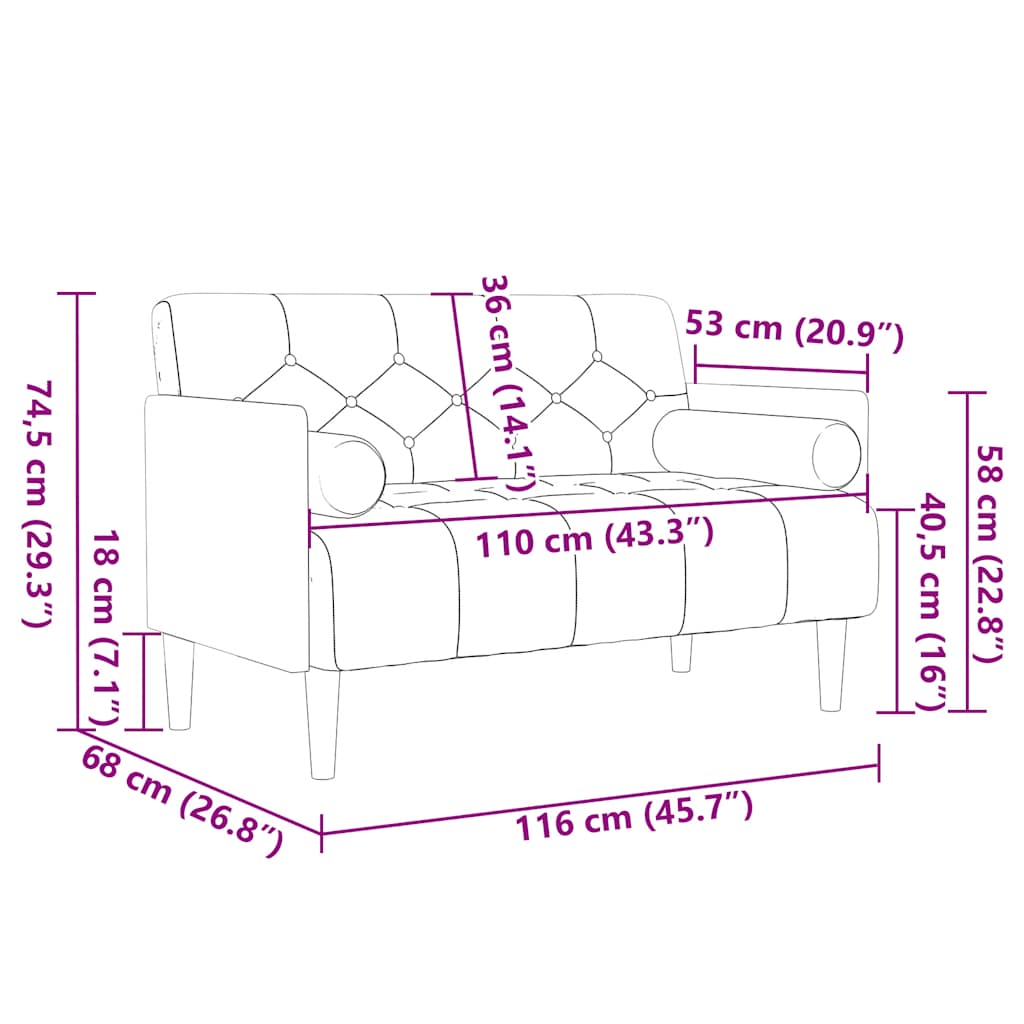 Zweisitzer-Sofa mit Nackenrollen Hellgrau 110 cm Samt