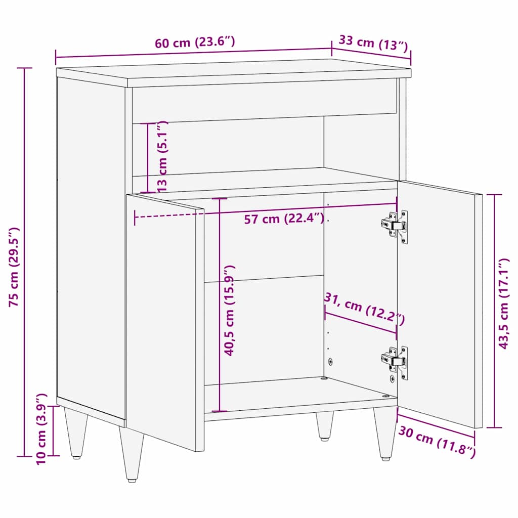 Sideboard mit Regal Braun 60 x 33 x 75 cm Massivholz Mango