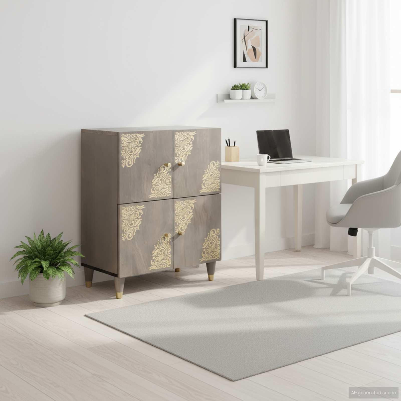 Sideboard Grau und Gold 60 x 33 x 75 cm Massivholz Mango