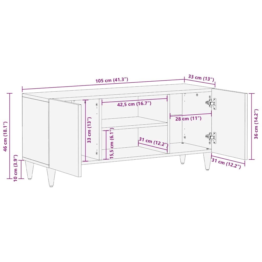 TV-Schränk mit Regal Schwarz 105 x 33 x 46 cm Massivholz Mango