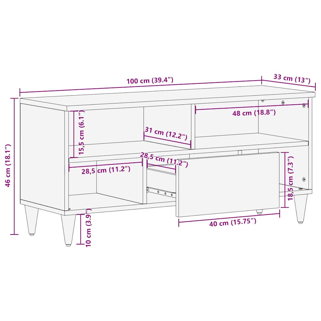 TV-Schränk mit Regal Schwarz 100 x 33 x 46 cm Massivholz Mango