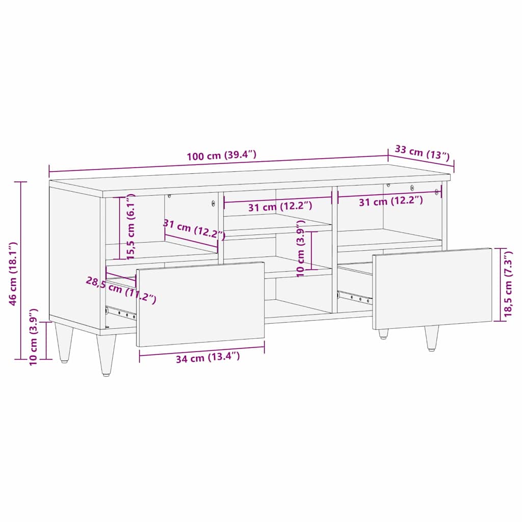 TV-Schränk mit Regal Schwarz 100 x 33 x 46 cm Massivholz Mango