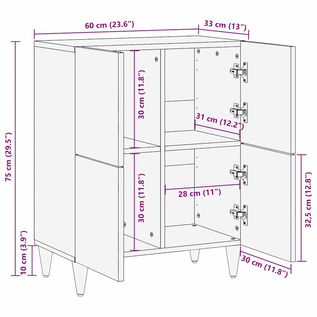 Sideboard mit Regal Schwarz 60 x 33 x 75 cm Massivholz Mango