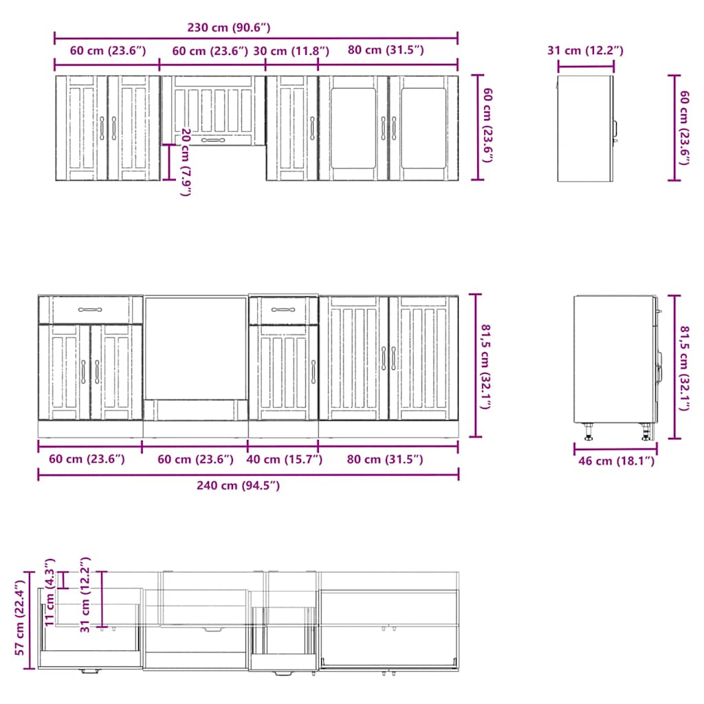8-tlg. Küchenschrank-Set Lucca Braun Eichen-Optik Holzwerkstoff