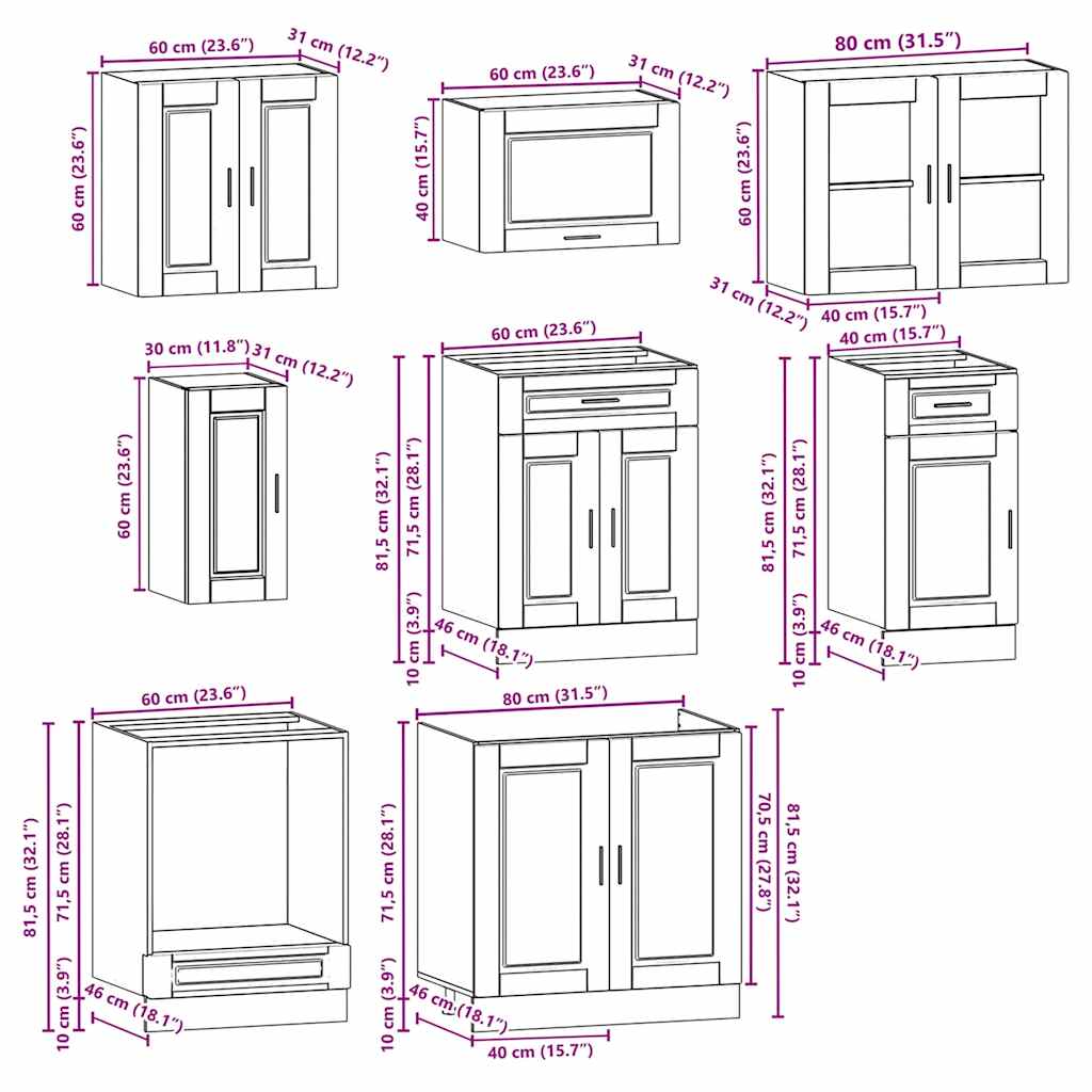 8-tlg. Küchenschrank-Set Porto Räuchereiche Holzwerkstoff