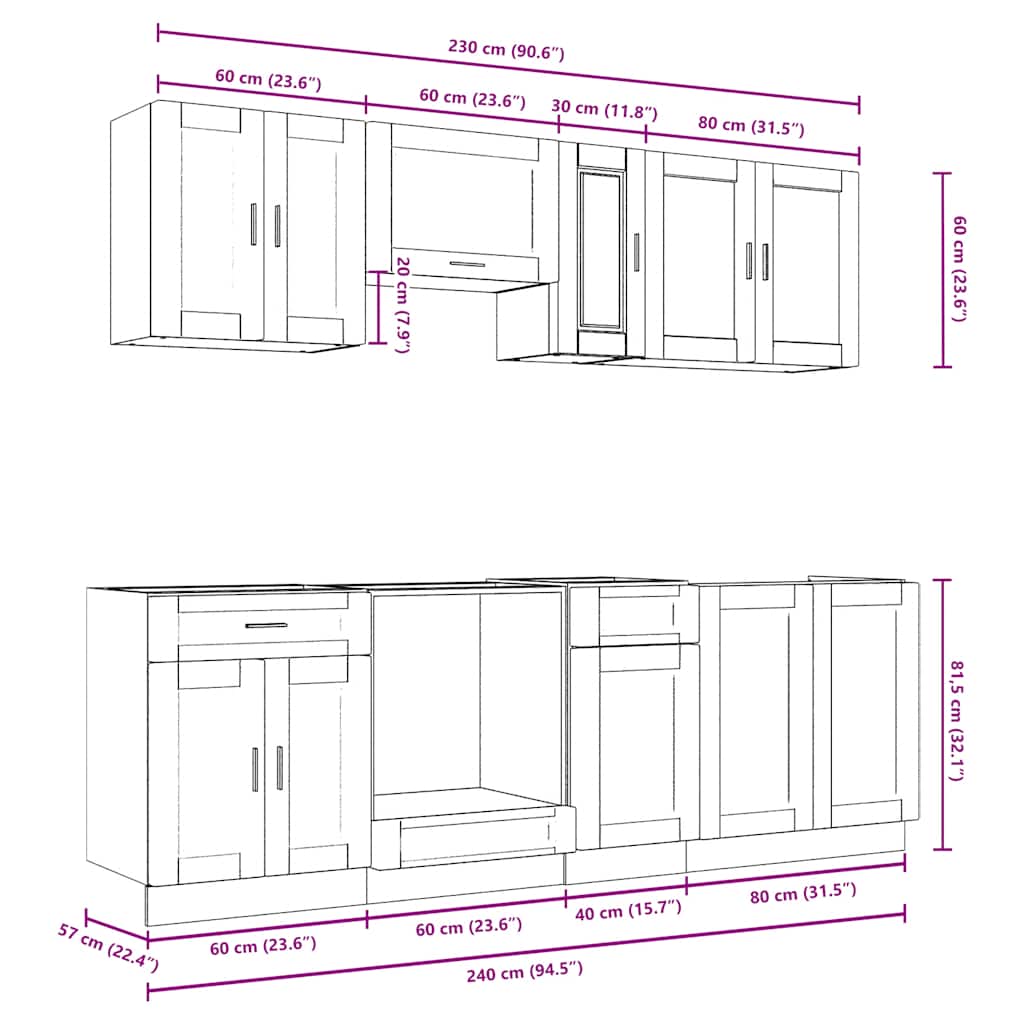 8-tlg. Küchenschrank-Set Porto Räuchereiche Holzwerkstoff