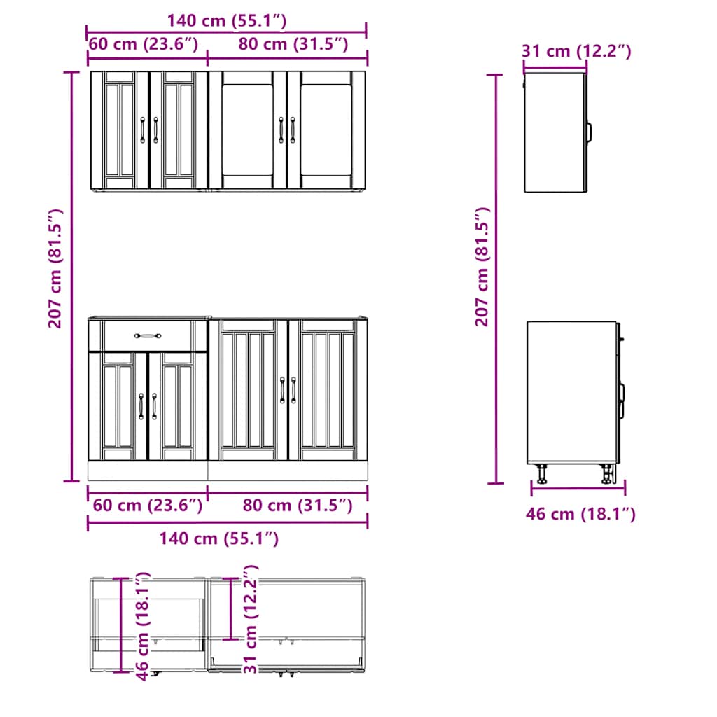 4-tlg. Küchenschrank-Set Lucca Braun Eichen-Optik Holzwerkstoff