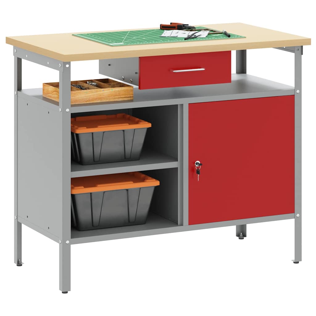 Werkbank mit Schubladen mit Regal Rot und Grau 100 x 55 x 85 cm