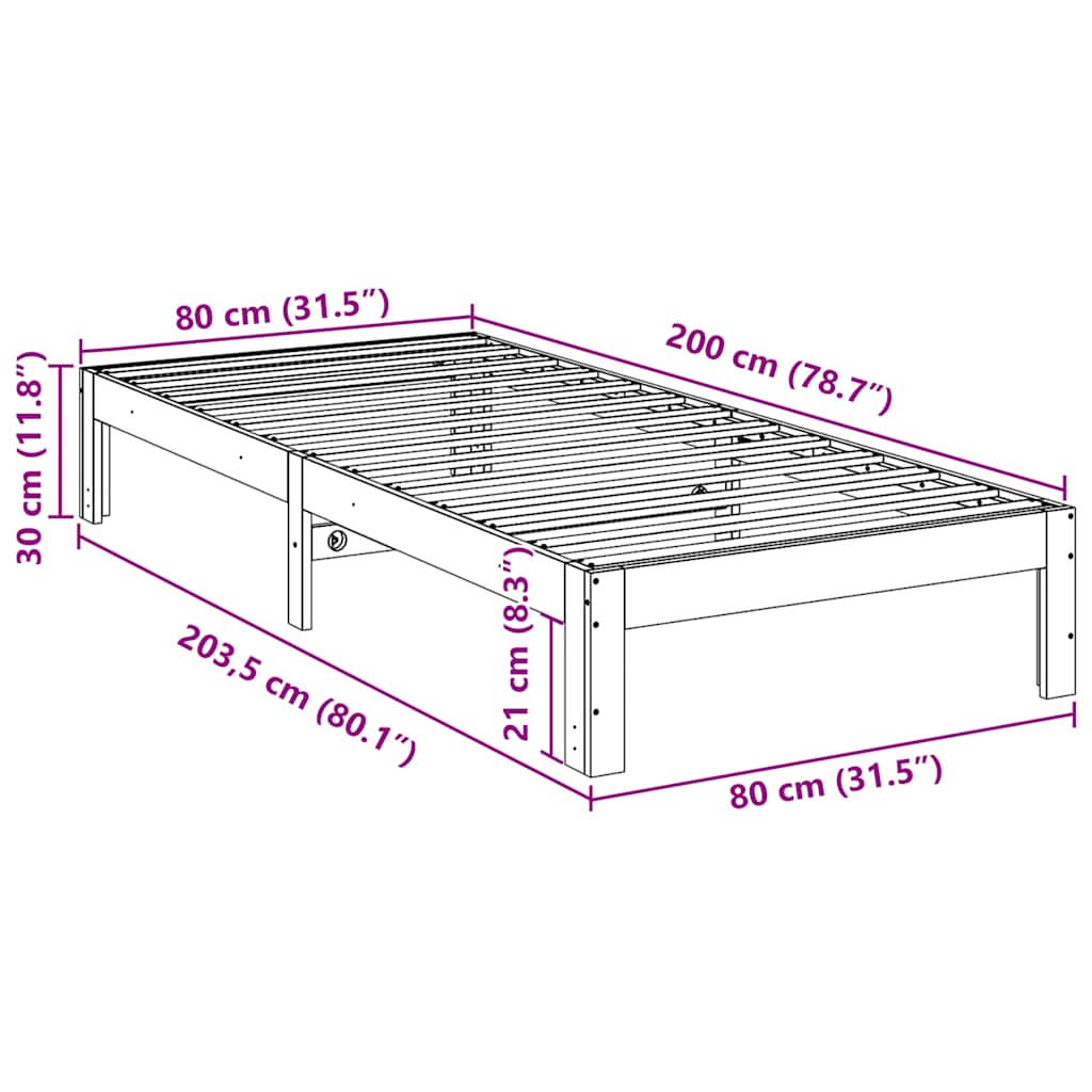 Massivholzbett ohne Matratze Weiß 80x200 cm Kiefernholz