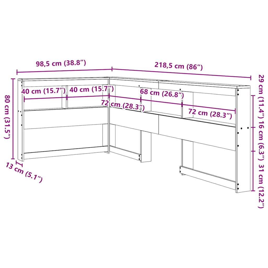 Kopfteil mit Bücherregal L-Form 80 cm Massivholz Kiefer