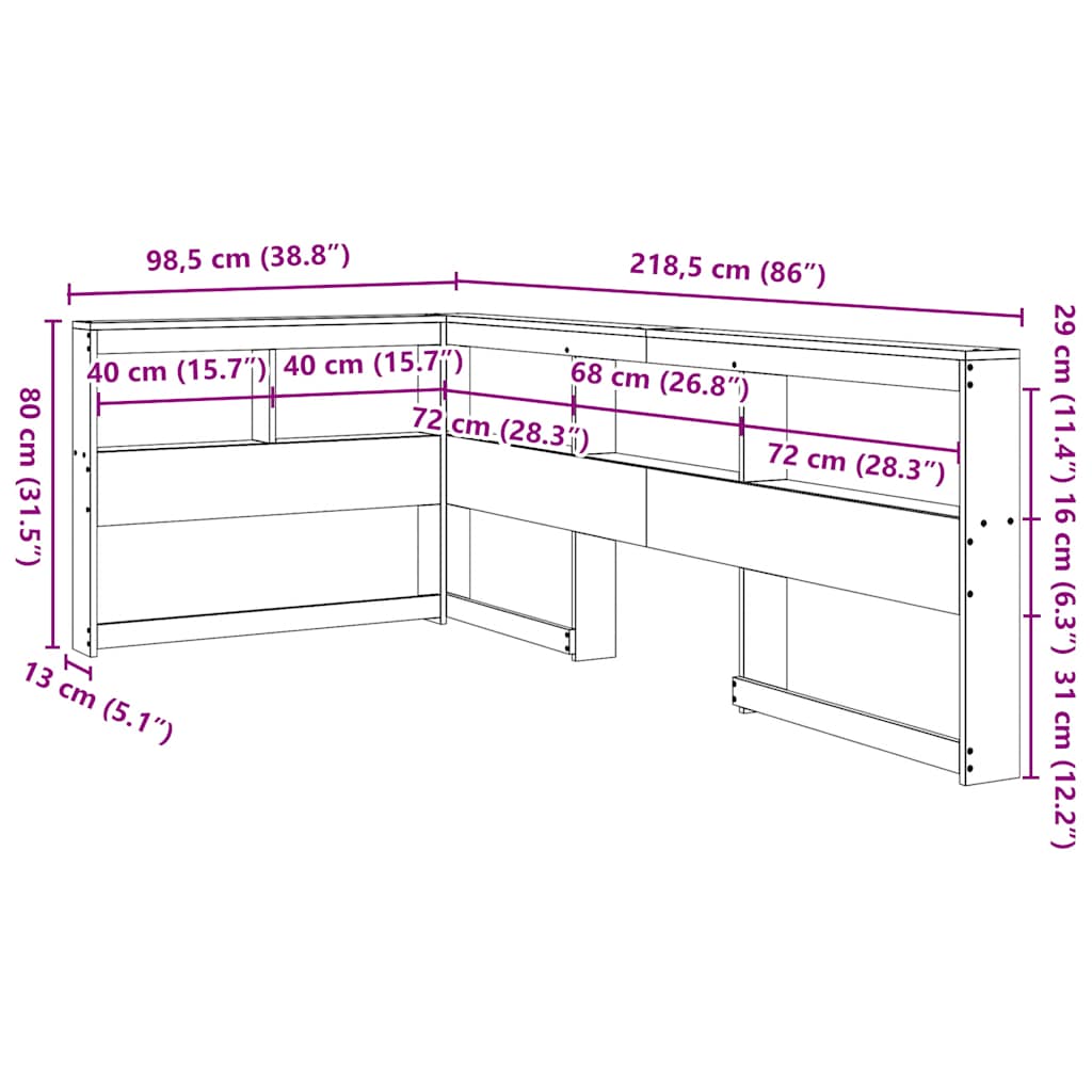 Kopfteil mit Bücherregal L-Form Wachsbraun 80 cm Massivholz