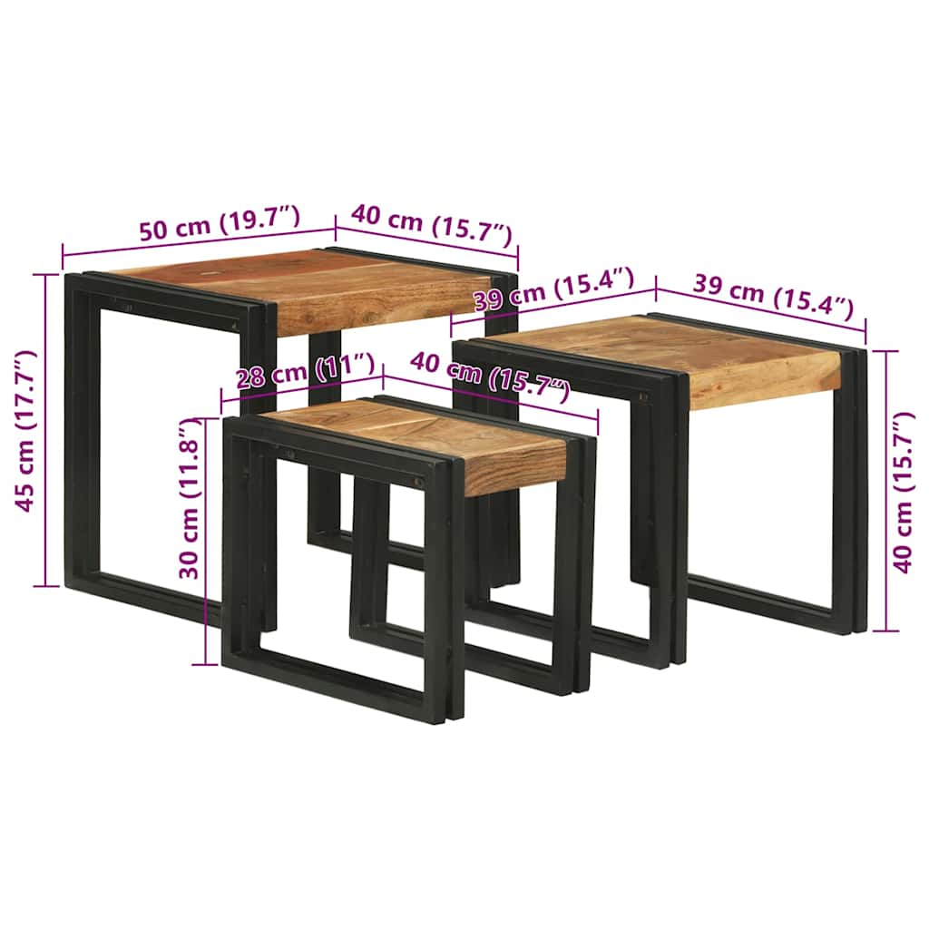 Nestingtisch 3 pcs Massivholz Akazie und Metall
