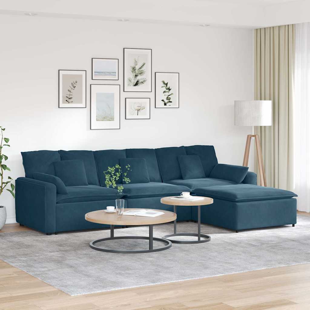 Modulares Sofa mit Fußhocker und Kissen Blau