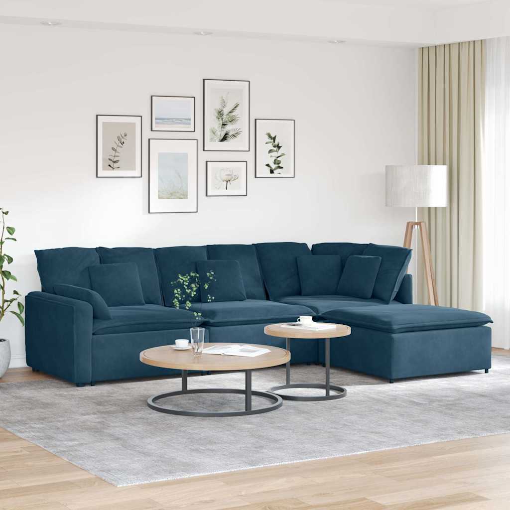 Modulares Sofa mit Fußhocker Kissen Samt Blau