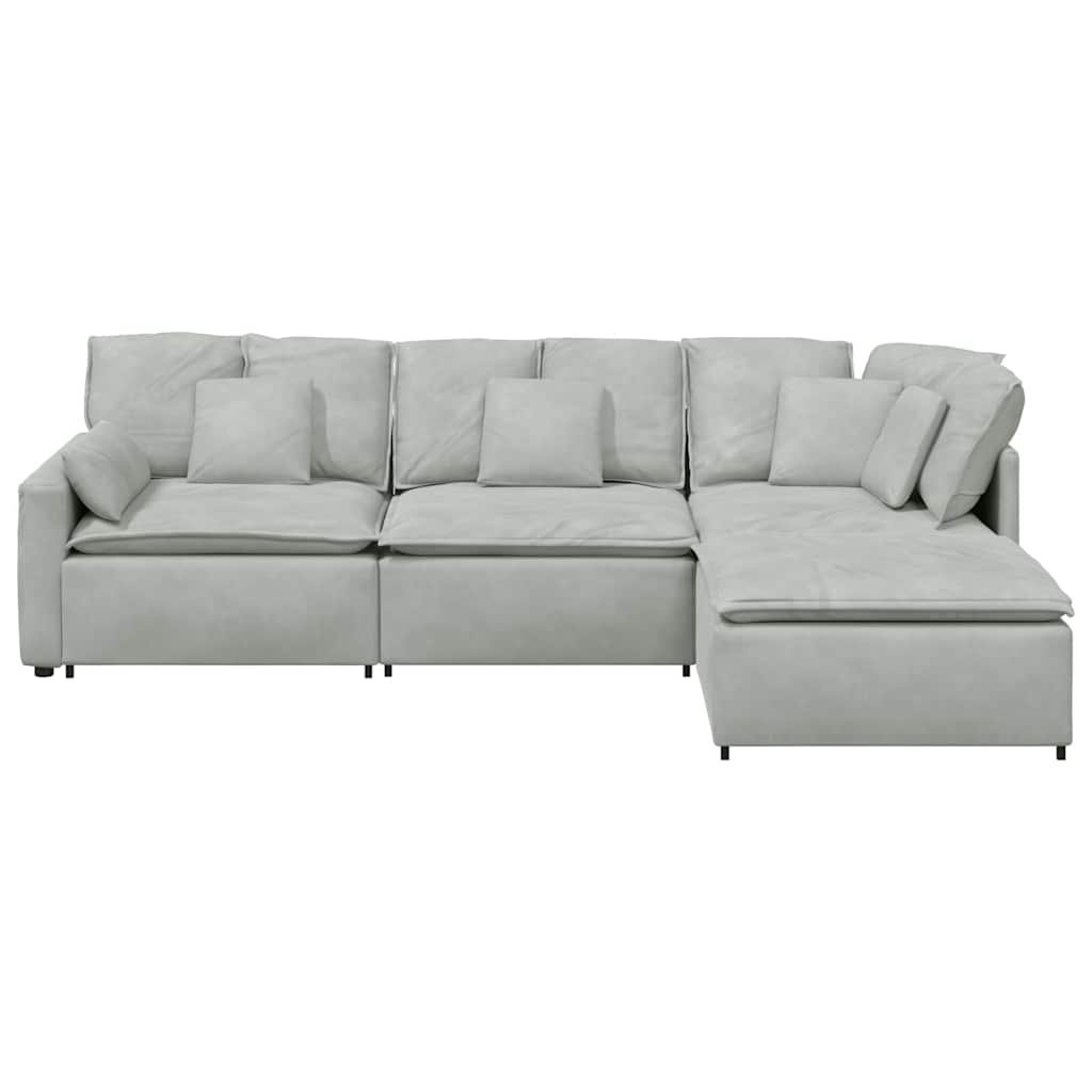 Modulares Sofa mit Fußhocker Kissen Samt Hellgrau