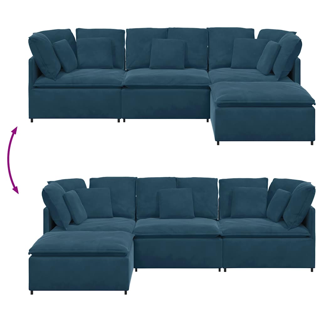 Modulares Sofa mit Fußhocker Kissen Samt Blau