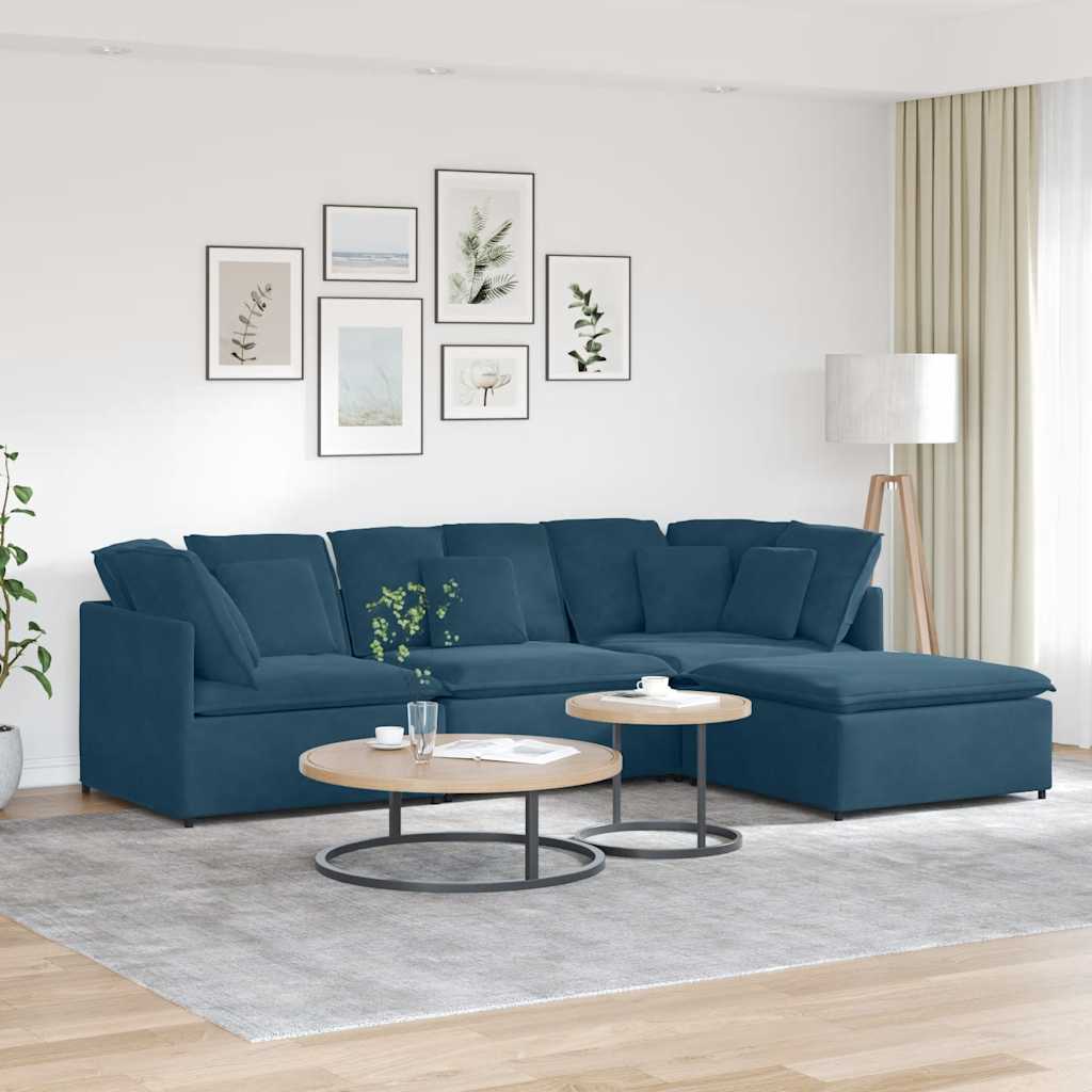 Modulares Sofa mit Fußhocker Kissen Samt Blau