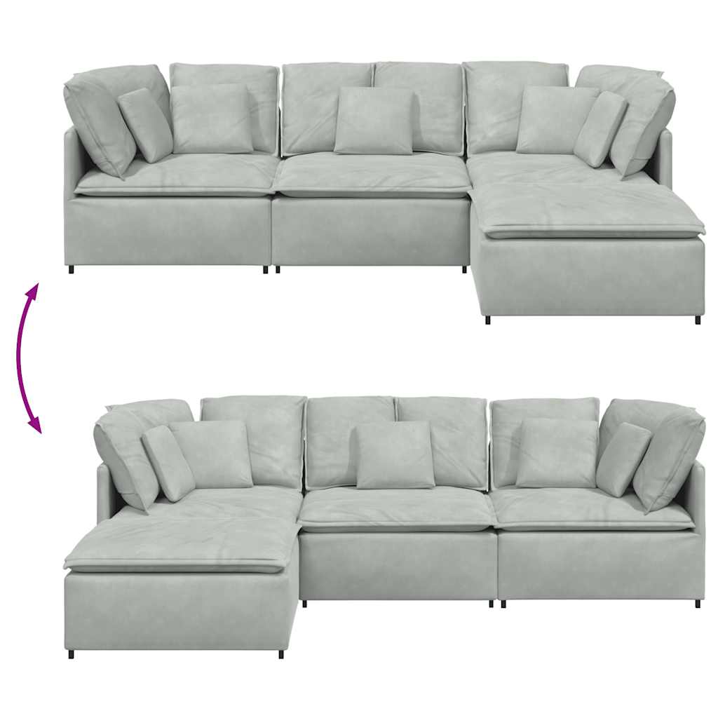 Modulares Sofa mit Fußhocker Kissen Samt Hellgrau