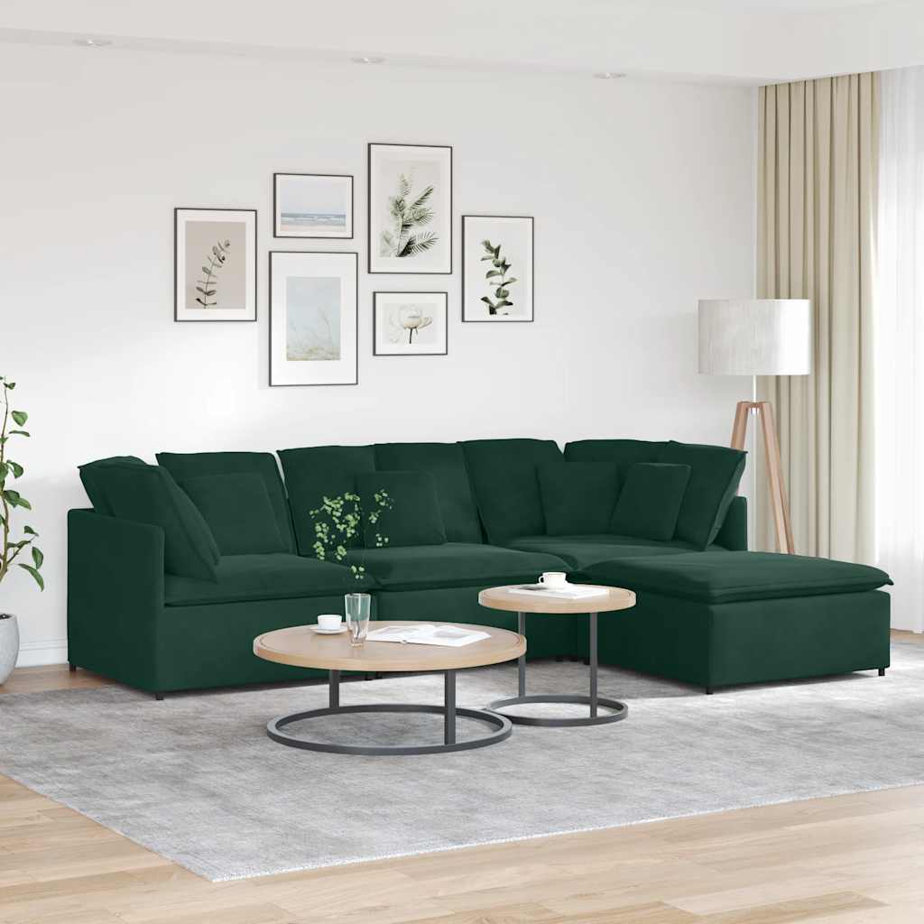 Modulares Sofa mit Fußhocker Kissen Samt Dunkelgrün