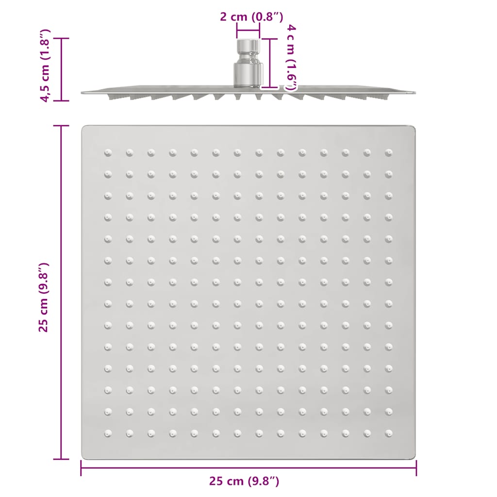 Regenbrause Edelstahl 304 25x25 cm Quadrat