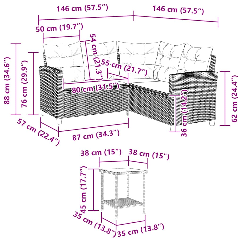 Gartensofa in L-Form mit Tisch und Kissen Grau Poly Rattan