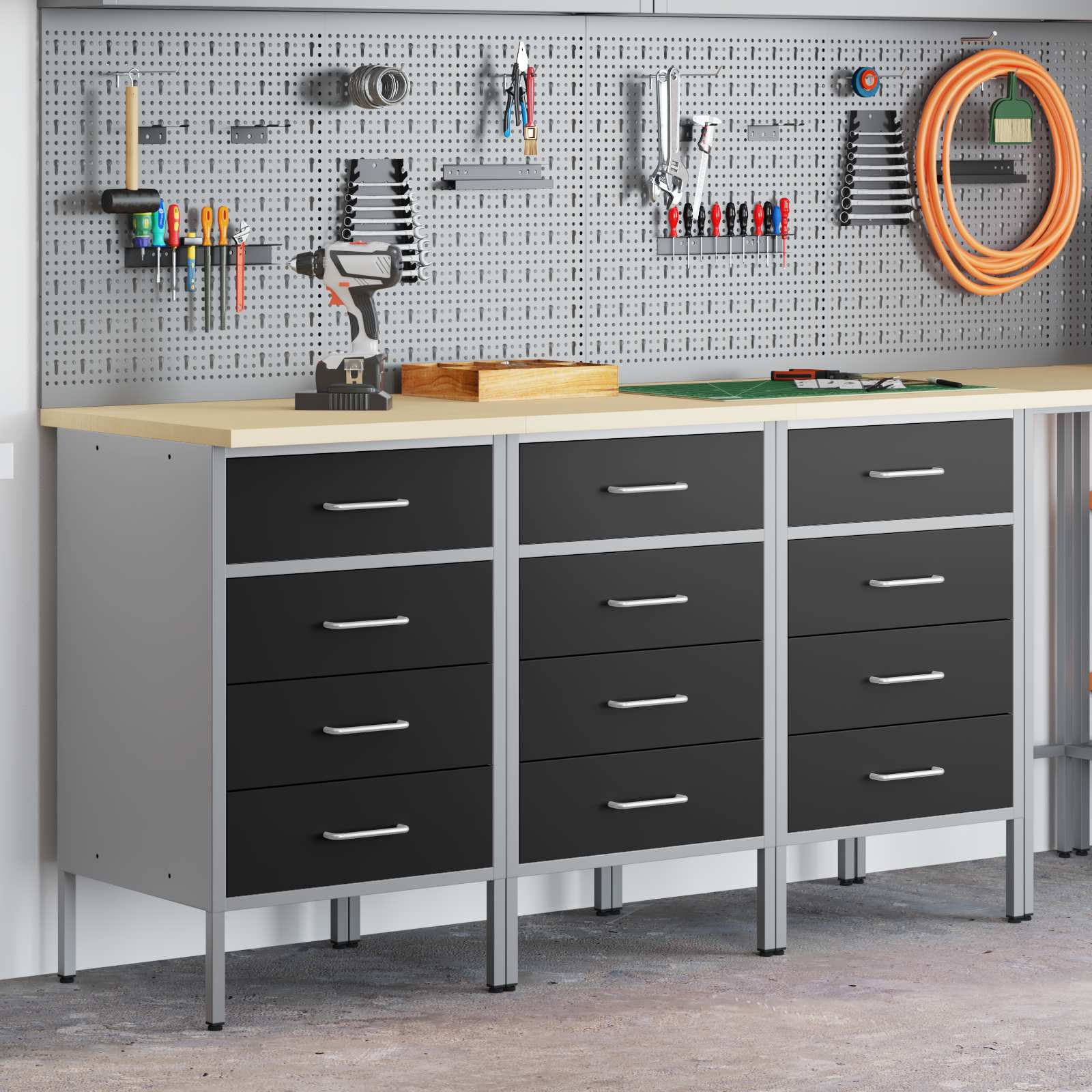 Werkbank mit Schubladen 3 pcs Schwarz und Grau 150 x 55 x 85 cm