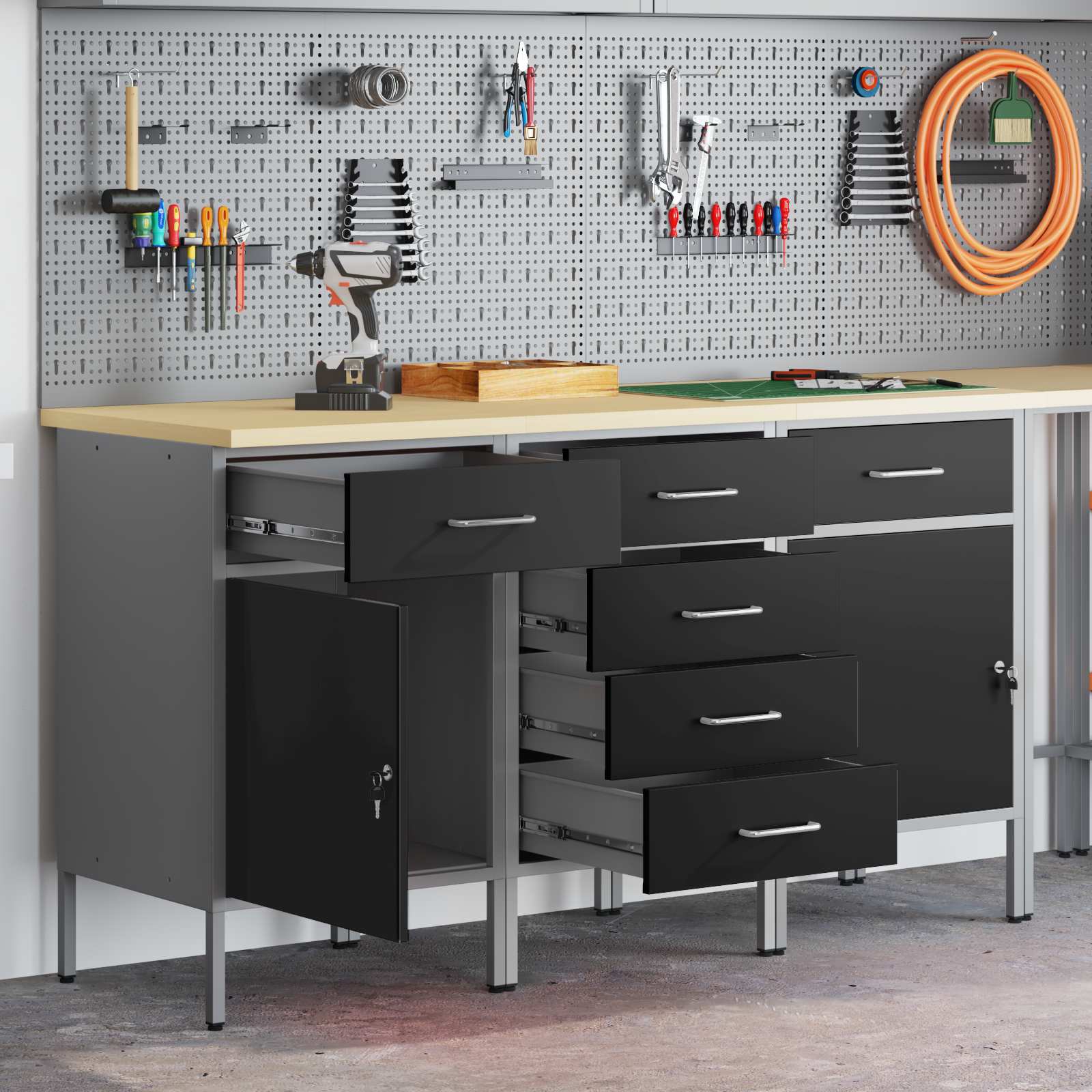 Werkbank mit Schubladen 3 pcs Schwarz und Grau 150 x 55 x 85 cm