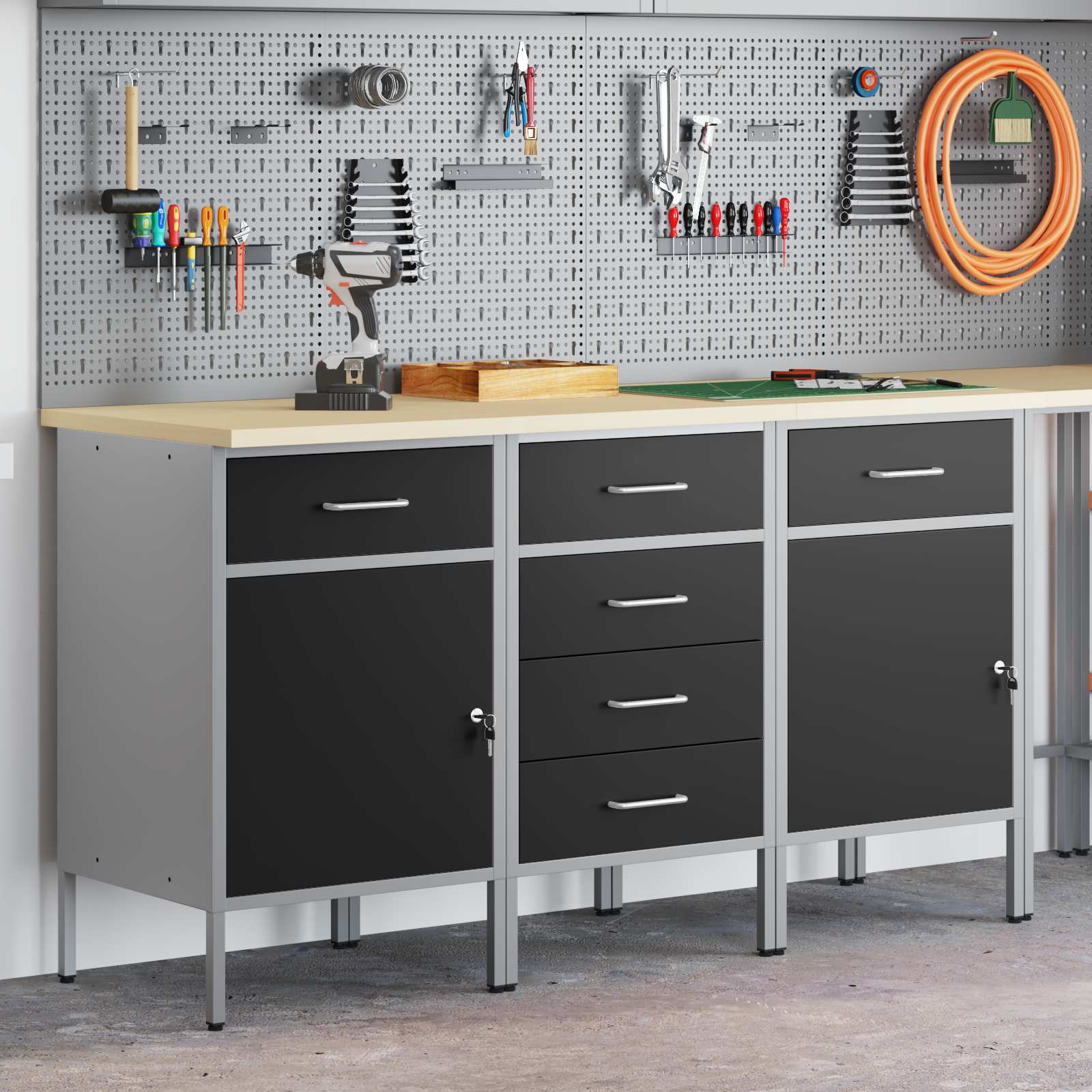 Werkbank mit Schubladen 3 pcs Schwarz und Grau 150 x 55 x 85 cm