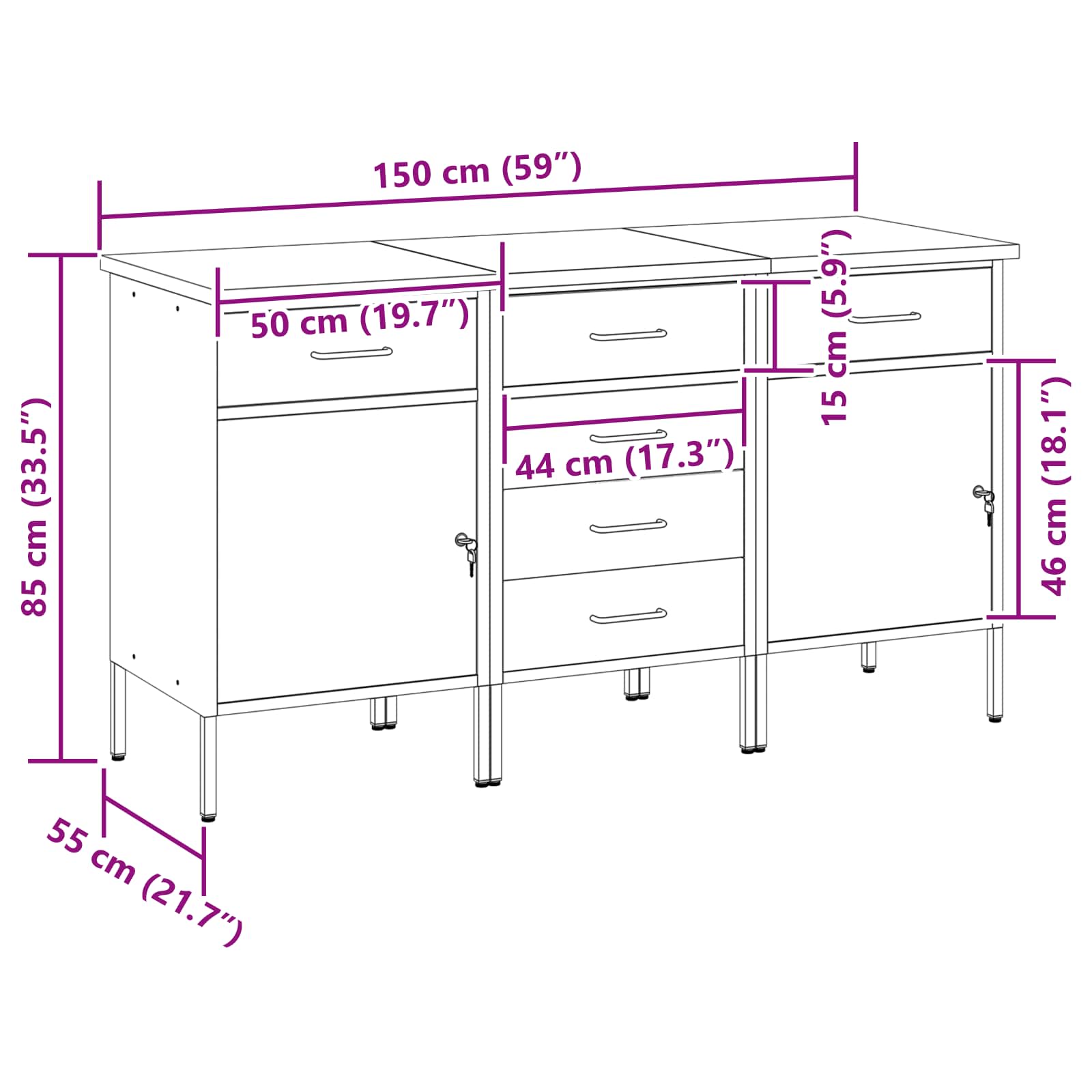 Werkbank mit Schubladen 3 pcs Schwarz und Grau 150 x 55 x 85 cm