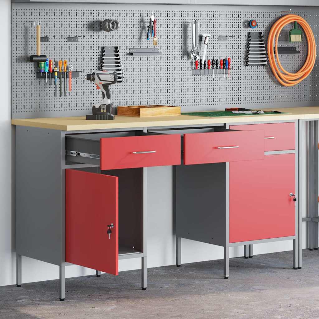 Werkbank mit Schubladen 3 pcs Rot Ingenieure Holz und Stahl