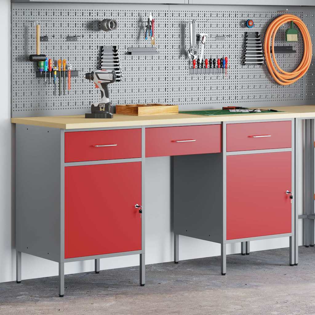 Werkbank mit Schubladen 3 pcs Rot Ingenieure Holz und Stahl
