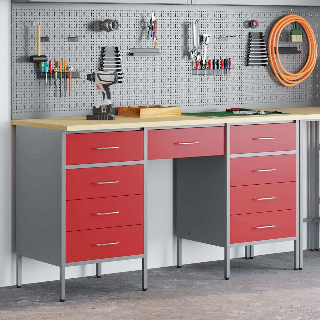 Werkbank mit Schubladen 3 pcs Rot Ingenieure Holz und Stahl