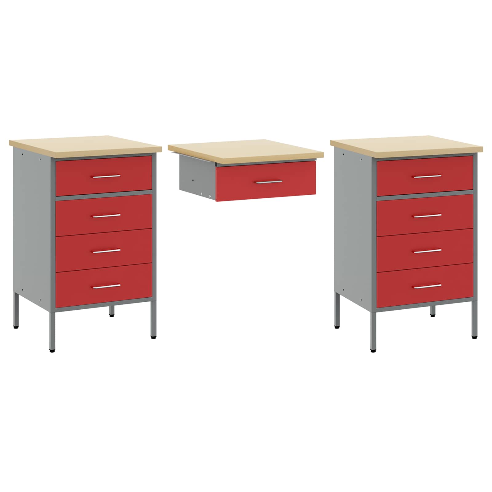 Werkbank mit Schubladen 3 pcs Rot Ingenieure Holz und Stahl