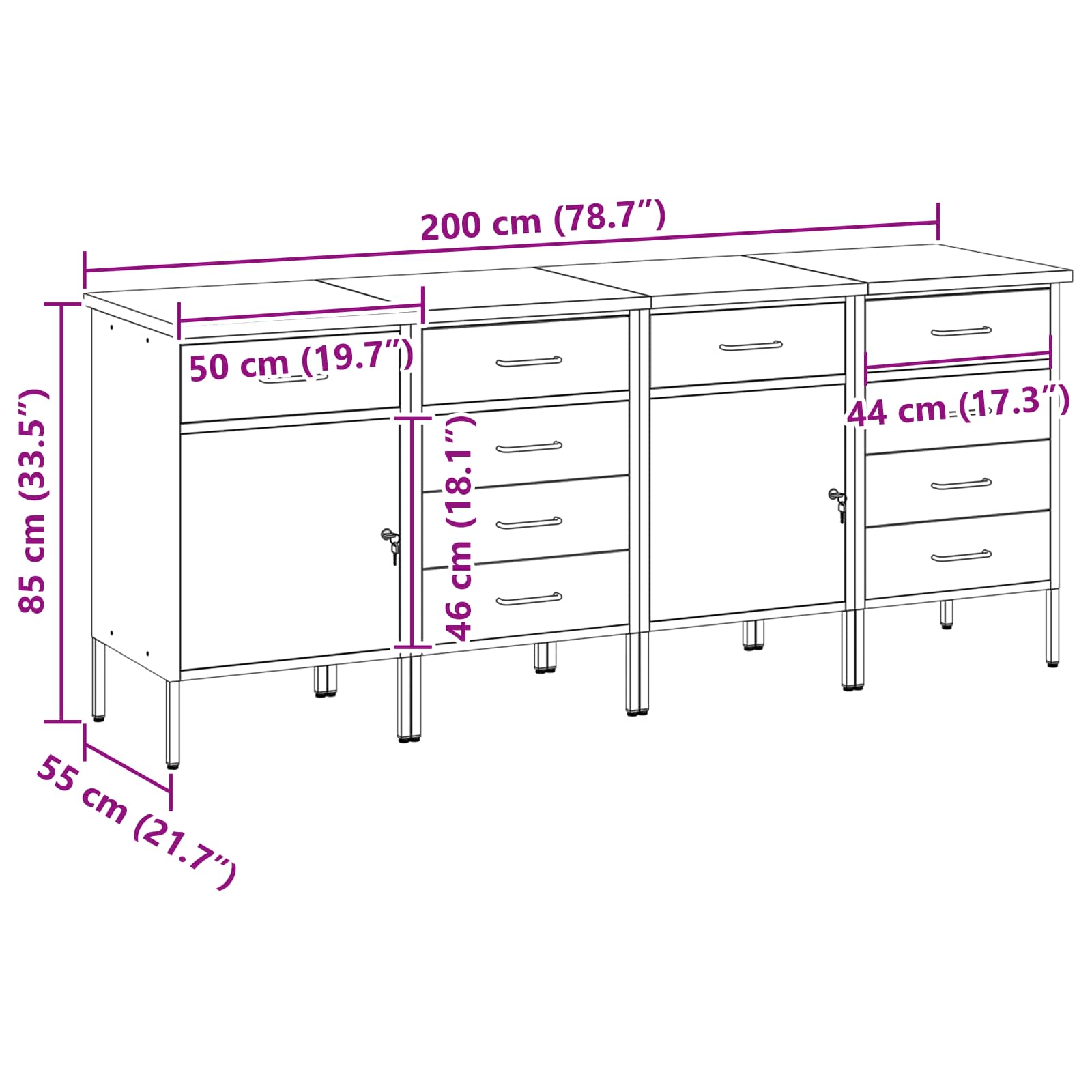 Werkbank mit Schubladen 4 pcs Schwarz und Grau 200 x 55 x 85 cm
