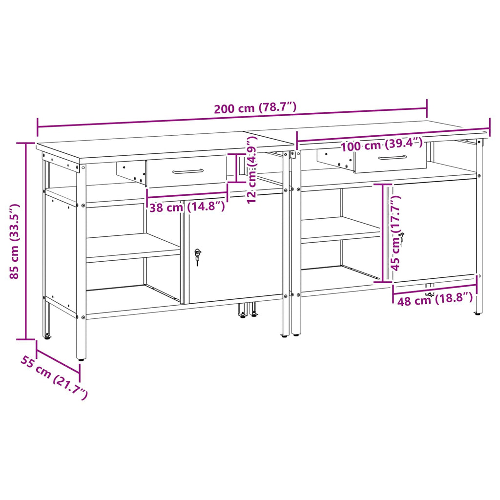 Werkbank-Set mit Schubladen 2 pcs Rot und Grau 200 x 55 x 85 cm