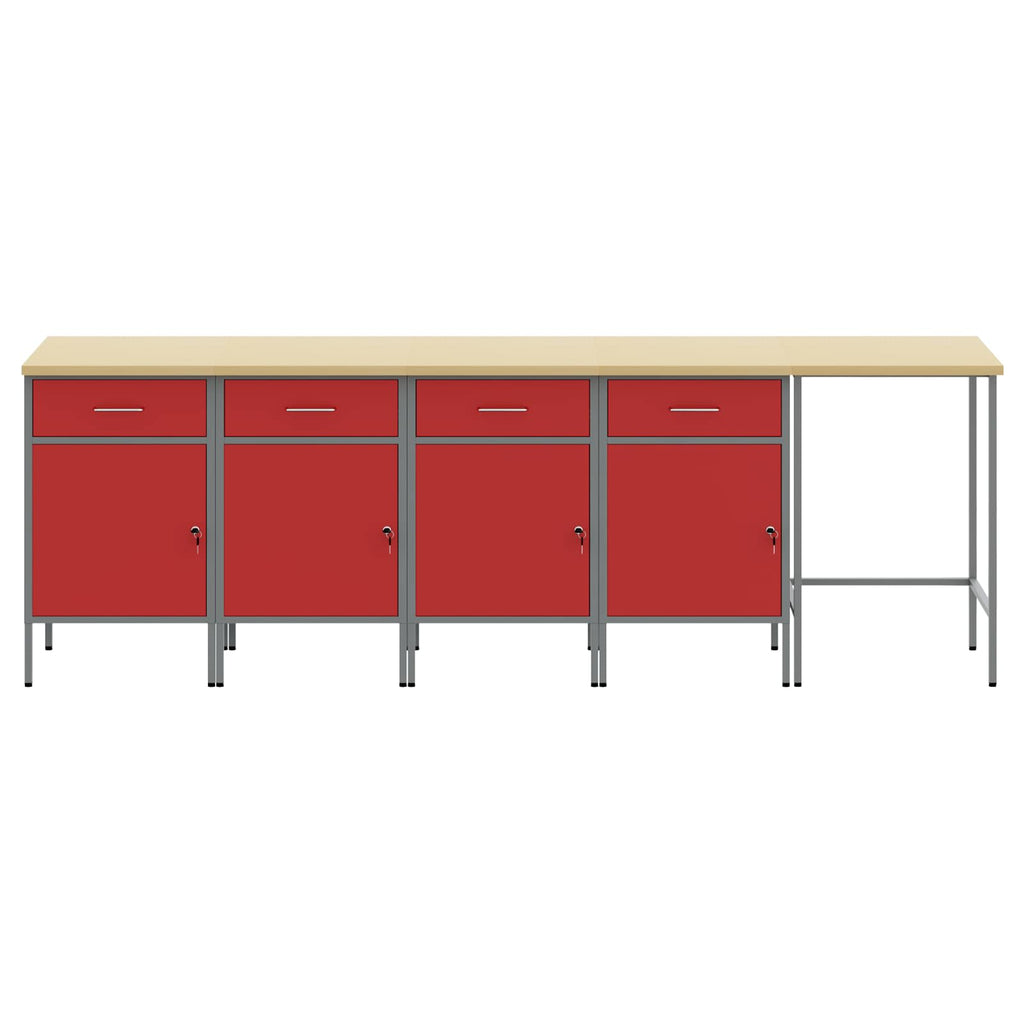 Arbeitsschrankset mit Schubladen mit Schloss 5 pcs Rot und Grau