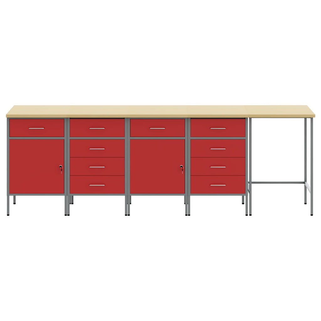 Arbeitsschrankset mit Schubladen mit Schloss 5 pcs Rot und Grau