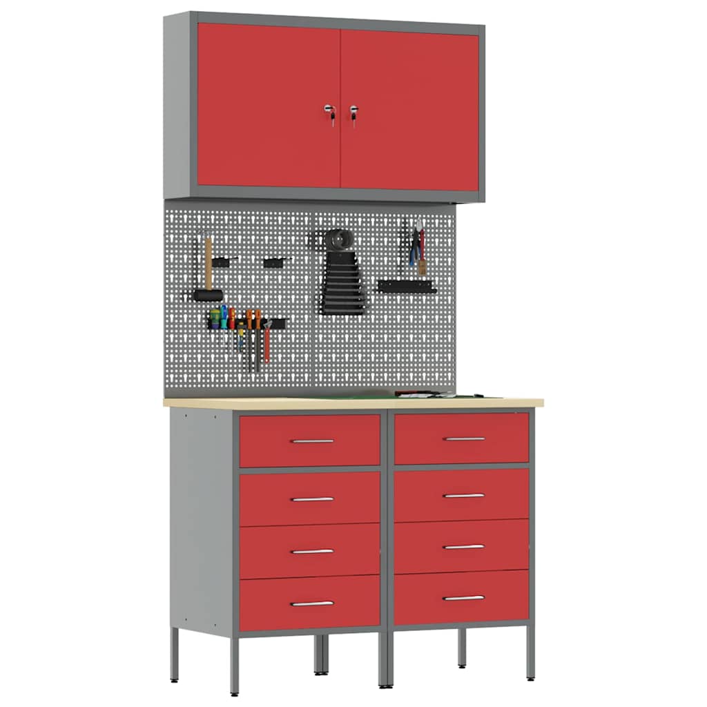 Werkbank mit Schubladen 5 pcs Rot Ingenieure Holz und Stahl