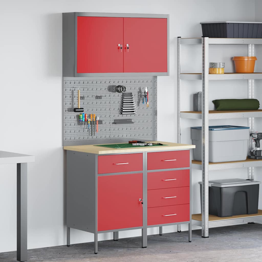Werkbank mit Schubladen 5 pcs Rot Ingenieure Holz und Stahl