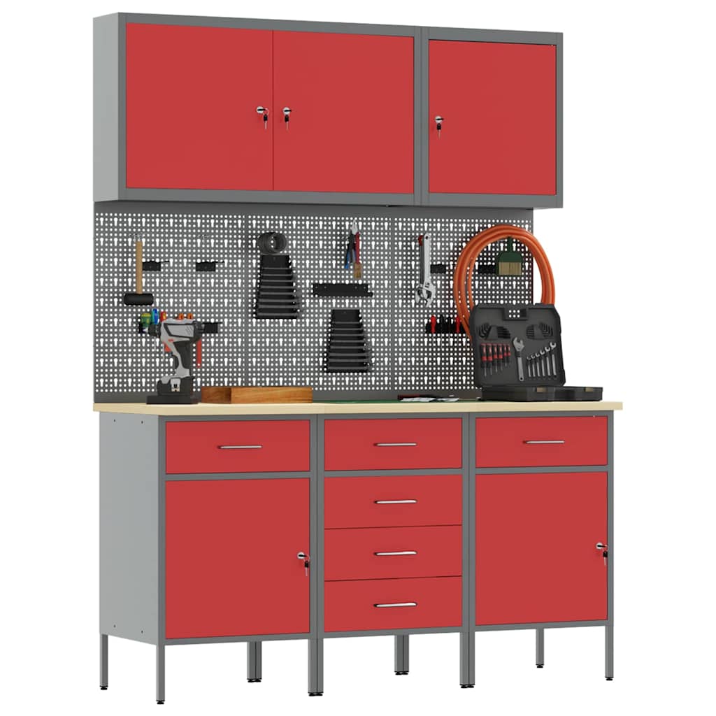 Werkbank mit Schubladen 8 pcs Rot Ingenieure Holz und Stahl