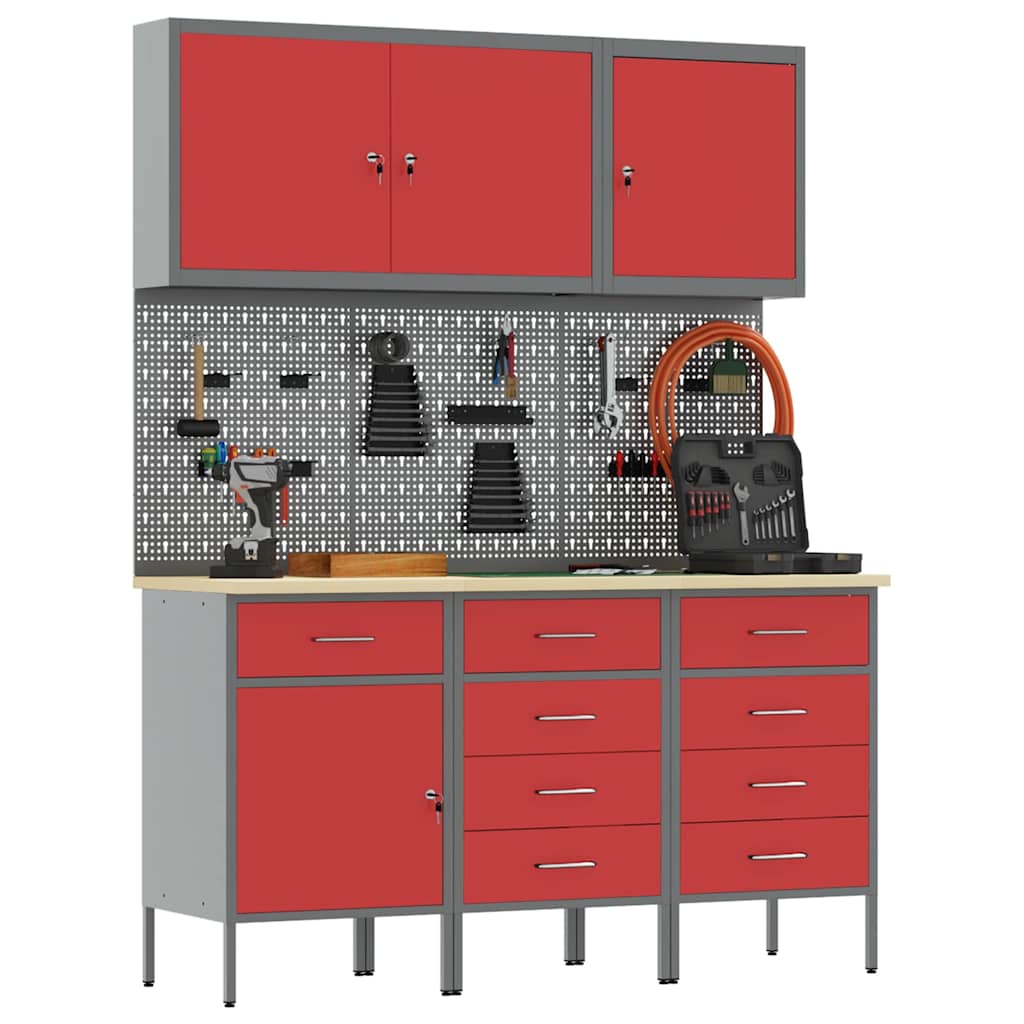 Werkbank mit Schubladen 8 pcs Rot Ingenieure Holz und Stahl