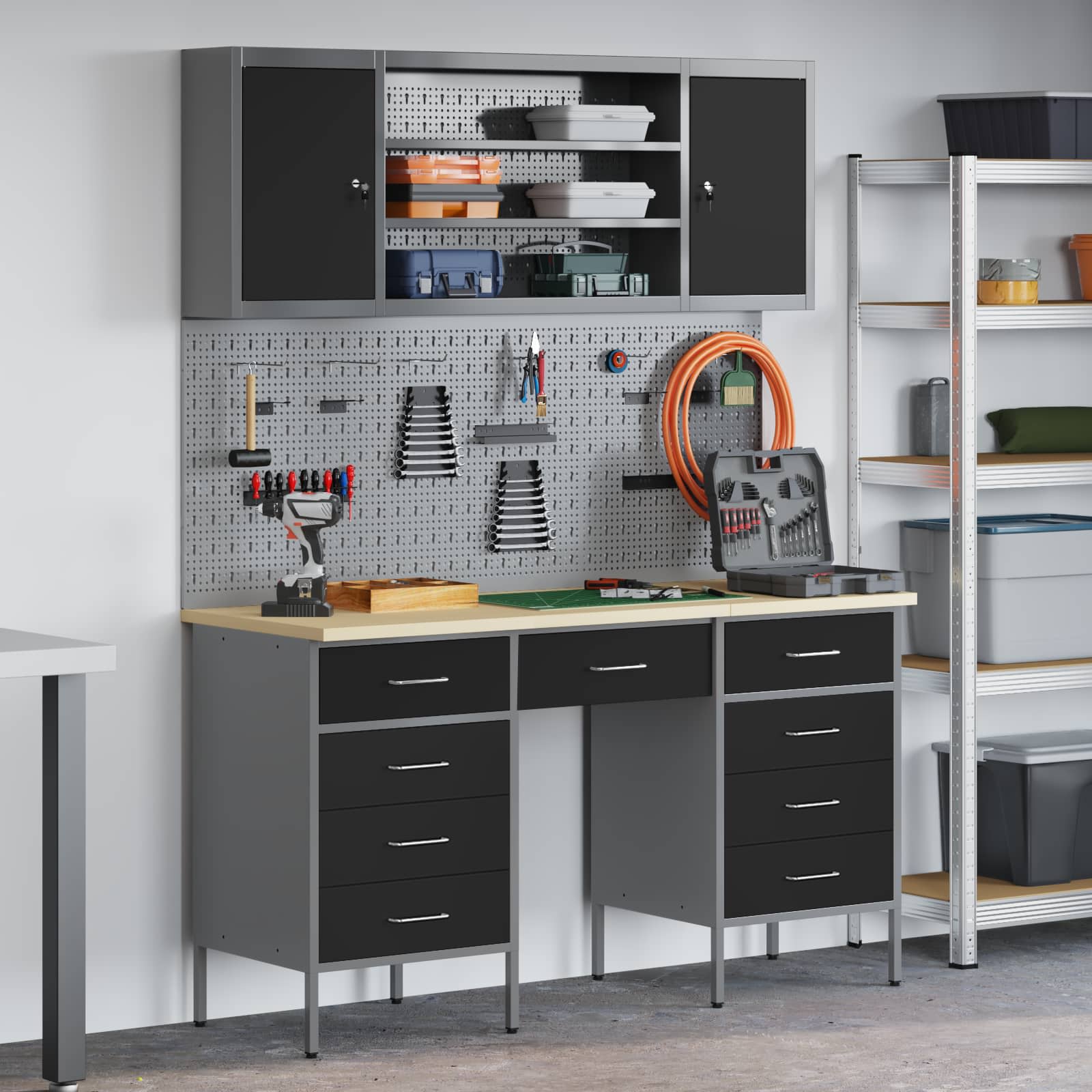 Werkbank mit Schubladen 8 pcs Schwarz Ingenieure Holz und Stahl