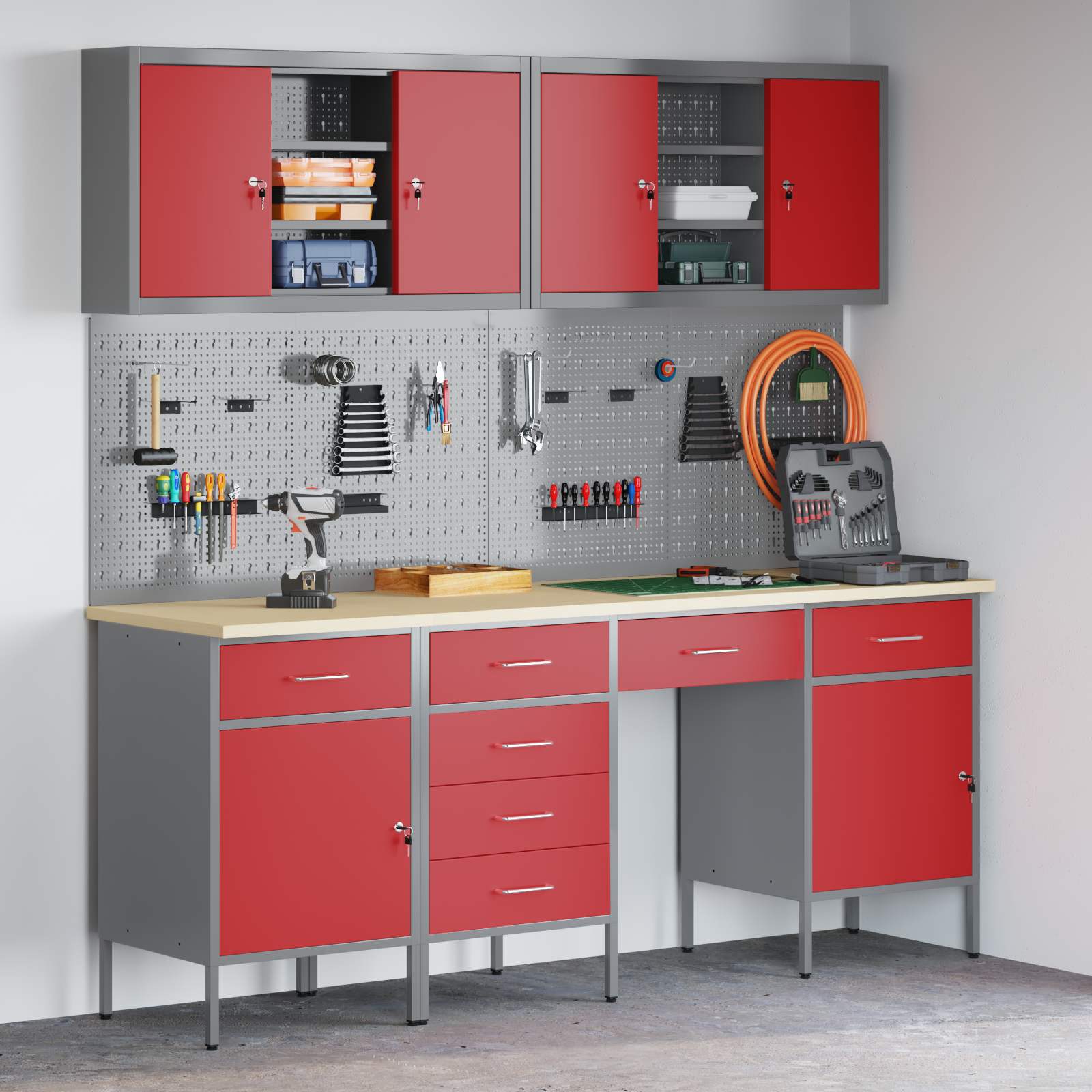 Werkbank mit Schubladen 10 pcs Rot Ingenieure Holz und Stahl