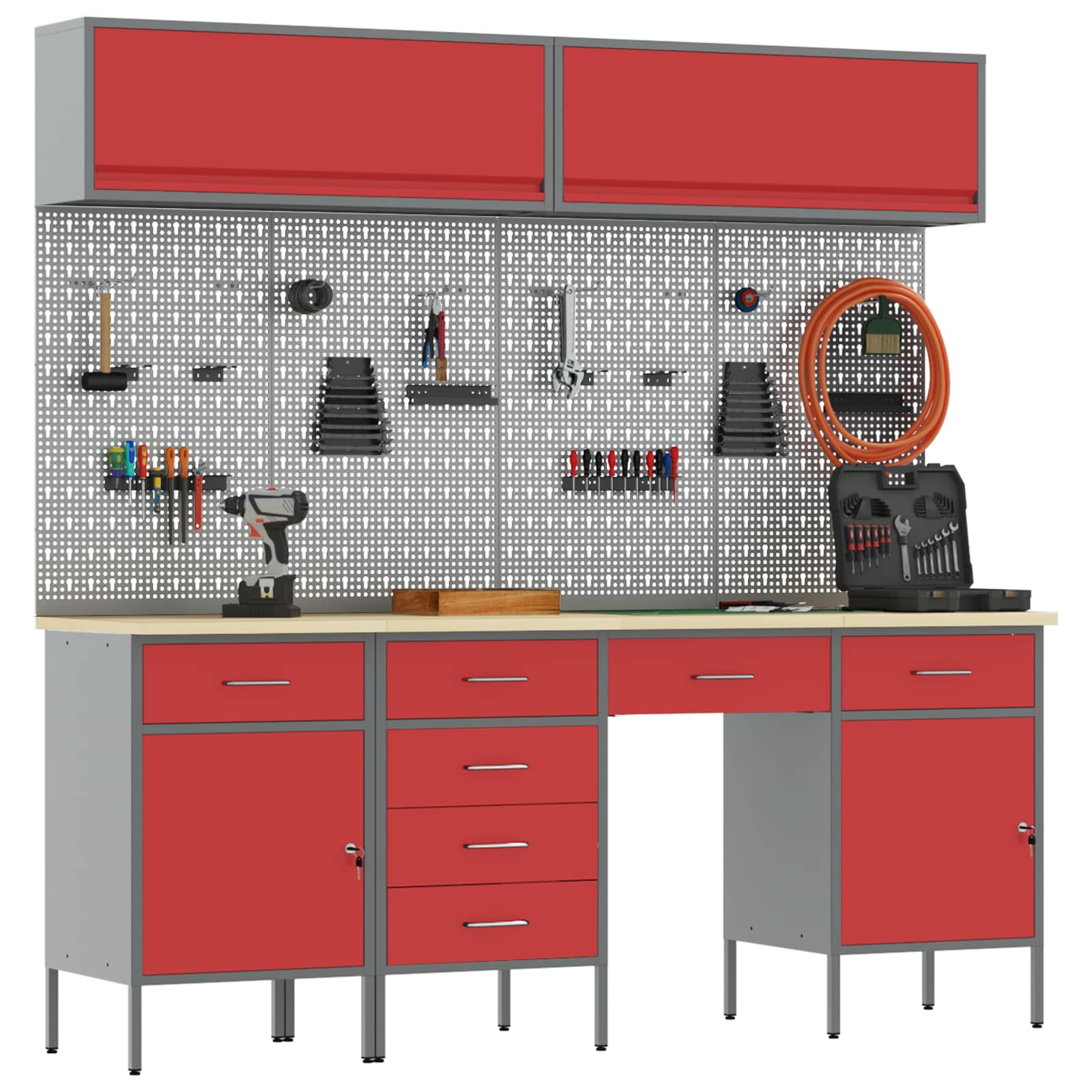 Arbeitsschrankset mit Schubladen mit Speicher 10 pcs Rot