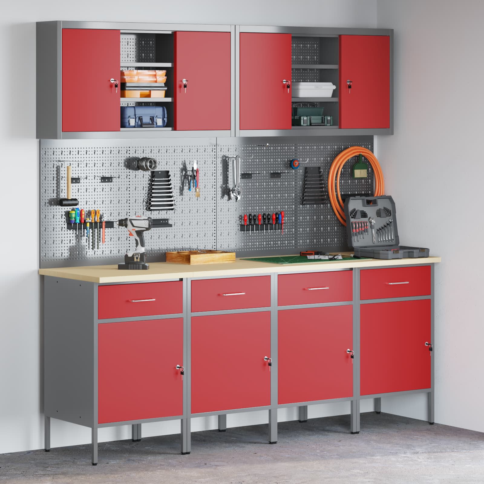 Werkbank mit Schubladen 10 pcs Rot Ingenieure Holz und Stahl