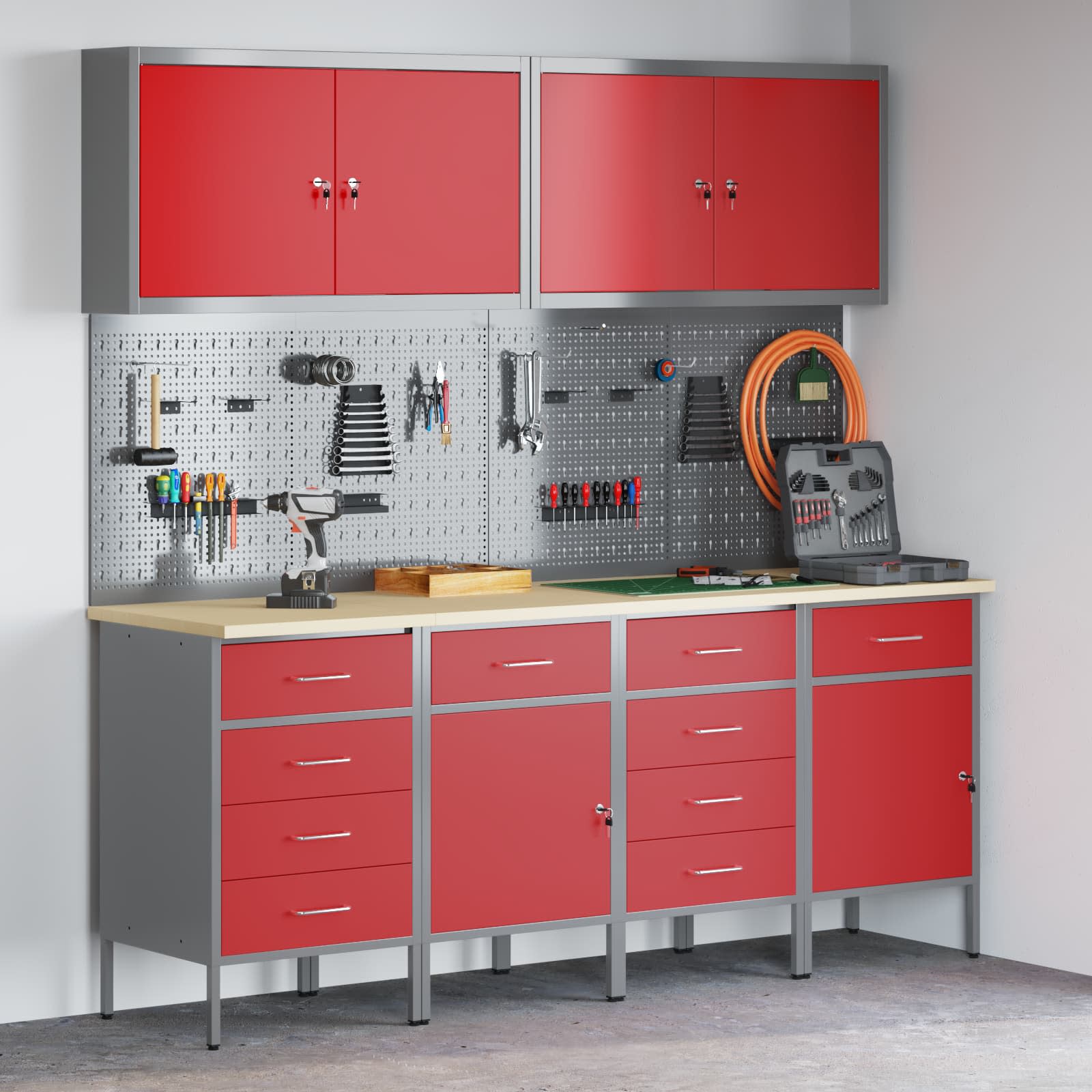 Werkbank mit Schubladen 10 pcs Rot Ingenieure Holz und Stahl