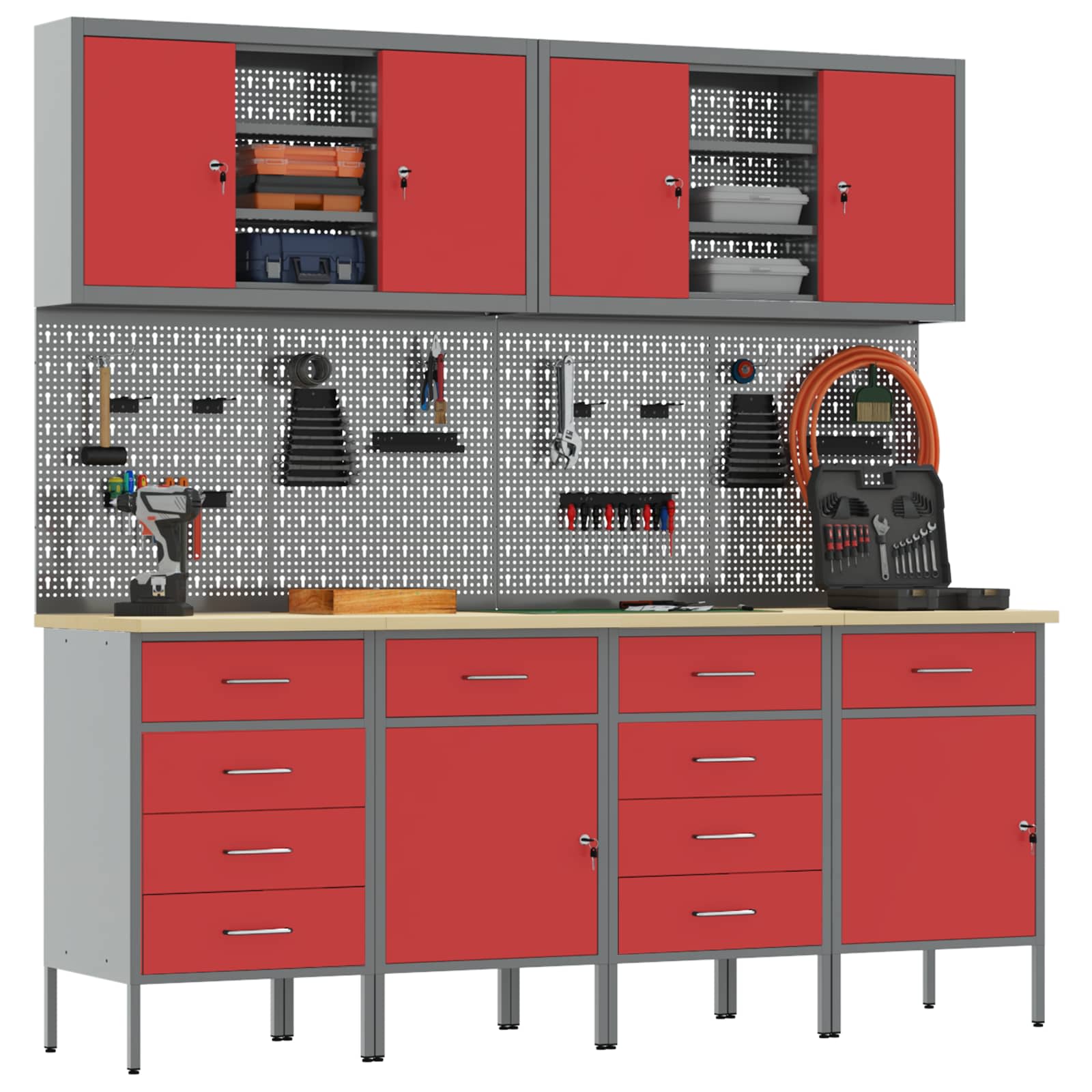 Werkbank mit Schubladen 10 pcs Rot Ingenieure Holz und Stahl